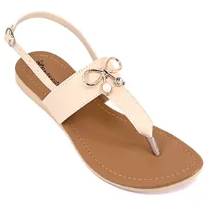 Padvesh Flat Thong Sandals with T-Strap and Adjustable Ankle Buckle for Women (Off-White 7)