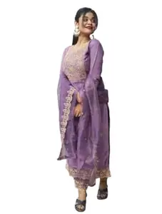 Women’s Purple Embroidered Cotton Blend Kurta Set with Dupatta | Ethnic Wear Kurti with Palazzo Pants | Traditional Party & Wedding Outfit-(Purple)