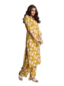 Great Creation Clothing Women Cotton Printed Kurta Pant Set Multi Color Ethnic Kurti Set for Women 3/4 Sleeve V Neck Straight Kurta with Pants Indian Office Kurta Set