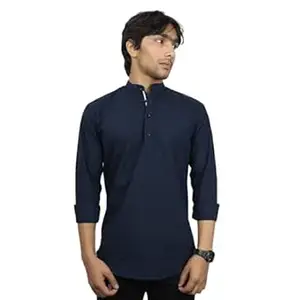 ORIGENS Luke S Black Men's Slim fit Short Kurta | Solid Linen Kurta | Mandarin Collar | Full Sleeve | Cotton Blend