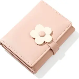 Valerie Cute Small Wallets for Teen Girl Women PU Leather Trifold Small Wallet Cash Pocket 3D Floral Buckle Card Holder Coin Purse with ID Window for Girls Women (Pink)