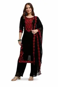 KHODAL FASHION Women Embroidered Kurta Set with Dupatta | Floral Neck Design Straight Kurti with Bottom Wear | Festive Traditional Ethnic Suit for Wedding, Party & Special Occasions