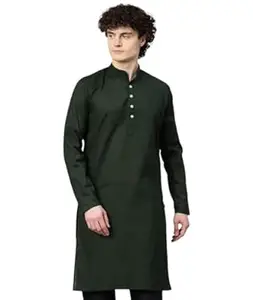 Majestic Man Men's Cotton Regular Fit Casual Mandarin Collar Ethnic Motifs Solid Long Kurta