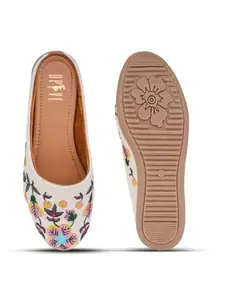 OPIVE FASHION HUB OPIVE Fashion Women's Floral Embroidered Ballet Flats | Traditional Canvas Slip-On Juttis with PVC Sole for Womens and Girls | (Cream - 40)