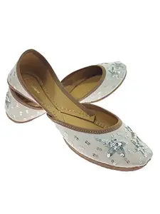 Fulkari Women's Scilla White Silver Genuine Soft Leather Embroidered Jutis | Bite and Pinch Free Jutti | Punjabi Formal Juttis | Girl's Wedding Flat Ladies Mojari | Formal Ethnic Juti |37
