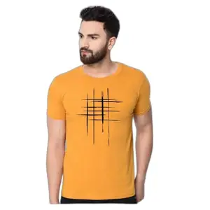 Men's Cotton Solid Round Neck Half Sleeve Shirt (F-LINE-Gold_L)