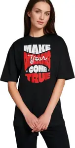 SHAIRAN'S Make Dreams Come True Printed Women Round Neck Black T-Shirt S