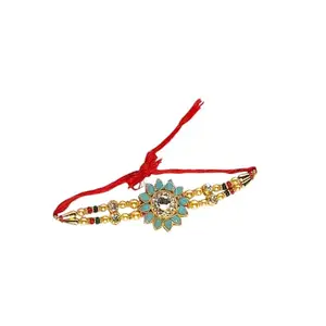Traditional Rakhi Bracelet with Gold-Toned Beads, Purple Stones and Red Thread (Rakhi_design_2)