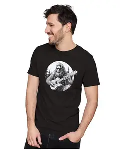ALLEN BLACK Men's & Women's Regular Fit T-Shirt Bigfoot Guitarist Hipster Dude 100% Cotton Unise T-Shirt Black_GUITAR10-Black M Men Round_