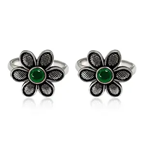INARI SHINES 925 Oxidised Silver Flower Toe Rings, Adjustable | Toe Rings for Women and Girls | (Green)