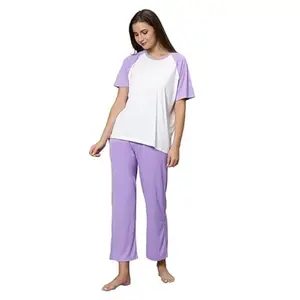 Ladies' Cotton Lycra Pajama Set with Matching T-Shirt - Comfort Redefined Purple