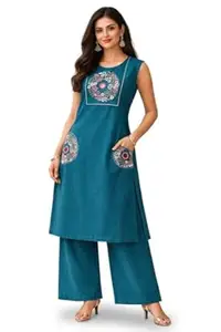 Ruksha Cotton Dhabu Kurti Set, Teal Blue Sleeveless Embroidered Tunic with Palazzo Pants, Traditional Indian Ethnic Wear
