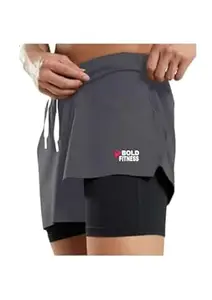 BOLD FITNESS 2 in 1 Active Dual Shorts with Inner Tights Layer | Men's Double Layer Short for Running, Gym & Sports