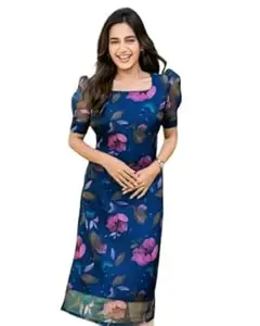 NEW FUSION FABRIC Women Organza Fabric Digital Printed Short Sleeves Pattern Kurti for Women, Long Kurti