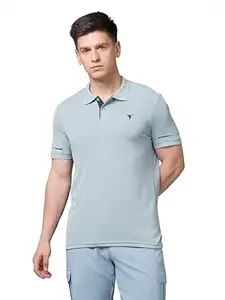 TECHNOSPORT Men's Solid Slim Fit Polo Collar T-Shirt TECHNOCOOL+ Half Sleeve Button Polyester for Gym Running Workout UPF50+ Anti Odour