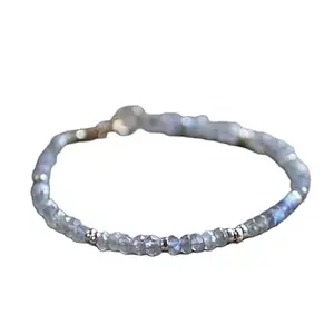 RRJEWELZ Natural Labradorite 3mm Rondelle Shape Faceted Cut Gemstone Beads 7 Inch Silver Plated Clasp Bracelet For Men, Women. Natural Gemstone Stacking Bracelet. | Lcbr_03903