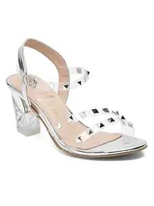 Bruno Manetti women's Silver Slipon Back Strap Round Toe Front Upper Golden Triangle Studs Comfort Heel Sandals