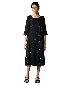 W for Woman Women's Rayon Jet Black Gathered Dress Below The Knee (22FEW17323-118125 M)
