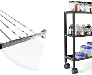 CONCEPT & SOLUTIONS 5 Pipes x 5 Feet - Foldable Wall Mounted Cloth Dryer/Clothes Stand (4 Pipes, 3 feet) and 3-Tier Multipurpose Storage Shelf Rack, Kitchen Countertop Organizer Combo Pack|CS-328