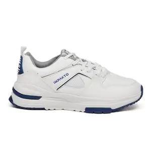 Impakto Classic Athletic Walking Shoes, White with Navy Blue Accents, Knit Mesh Fabric, Breathable Upper, Memory Foam Cushioning, Slip-on Style, Flexible Construction (UK Footwear Size System, Adult, Men, Numeric, Medium, 9)