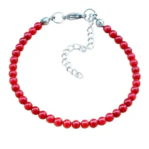 LKBEADS Silver Plated Bracelet with Red Smooth Redstone Beads – Round 3mm – 7 inch Adjustable – For Men & Women|LK_STACK_05787