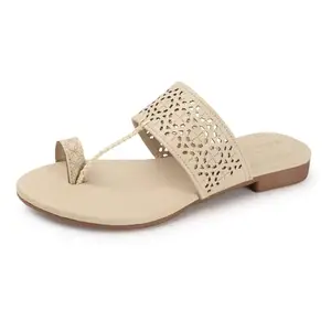Denill Women's Kolapuri Casual Flat Sandals, Ladies Ethnic Flat Chappals for Party & Occasions (Cream) Uk-5