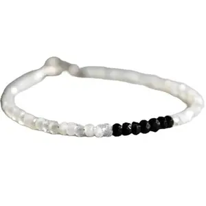 LKBEADS Black Tourmaline & Moonstone bracelet with Silver clasp - 3.5mm Rondelle beads- Faceted Cut -7 Inch Bracelet– Healing, Fashion, Gift, Spiritual, Yoga|LK_STACK_07184
