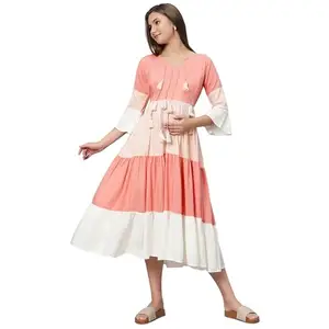 Aanyor Women's Maternity Rayon Blend Midi Length Pregnancy Dress | Feeding | with Belt - Zipper - with Tassels | Regular 3/4th Sleeves | Casual Western | Colourblocked, XXL, Double XL