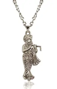 Unisex Stainless Steel Silver Color God Lord Shri Krishna/Thakur Ji/Govinda/Kanha With Basuri/Murli Locket Pendant Necklace With Chain