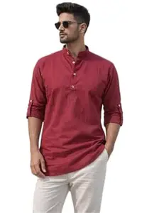 Bahumaan Pure Cotton Short Kurta for Men with Chinese Collar and Roll-Tab Sleeves | Solid Kurta Shirt for Men for Casualwear and Daily Comfort