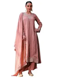 Navlik Women's Vichitra Silk Embroidered A-Line Kurta with Pant and Dupatta Sets (NK-845-Peach-4XL)