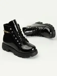 STRASSE PARIS Smart Casual Chain Detailed Patent Leather Black Boots For Women & Girls Boots For Women,5