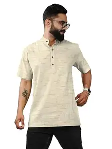 Men Short Kurta Half Sleeve Mandarin Collar | Pure Khadi Cotton Blend Linen Textured Fabric | Casual Ethnic Wear | Festive Kurta for Men