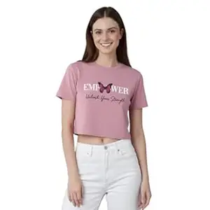 NAVRAAH Women Cotton Crop Top | Printed Empower | Regular Fit | Round Neck | Half Sleeve | Soft Breathable Cotton Casual & Everyday Wear Top