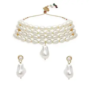 OOMPHelicious Jewellery White Mother of Pearl Choker Necklace Set with Drop Earrings - Indo-Western Design for Women & Girls Stylish Latest (NERM8_CC1)