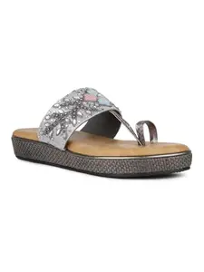 Inc.5 Women Pewter Daily Embroidered One Toe Flat Slip-On Euro-38