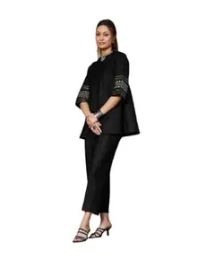 Fairy Creation Women's Black Cotton Co-ord Set 3/4 Sleeve Top Embroidered Cropped Pants Summer Stylish Co ord Set (IN, Alpha, L, Regular, Standard, Black)
