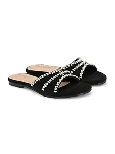ALBERTO TORRESI Trendy Synthetic Flat Sandals for Women - Perfect for Casual Occasions - BLACK/NUDE - 5 UK/India