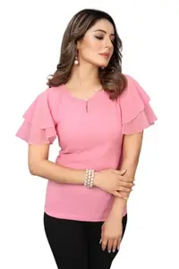 DOT POT FASHION New Womens Elegant Georgette Top with Flared Bell Sleeves - Versatile Round-Neck Blouse for Casual or Office Wear || Tops || Tunics || Shirts || Pink