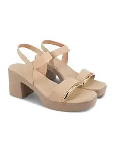 SELFIEE Women’s Stylish Comfortable Elastic Back-Strap with Gold Piping Block Heel Sandals