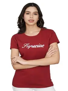 TREND LEVEL Women Cotton Regular Fit Round Neck T-Shirt (Superior) (XL, Maroon)