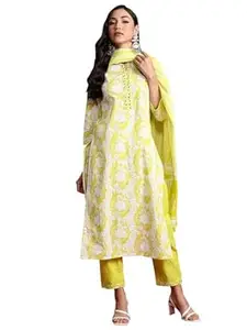 INDO ERA Women's Pure Cotton Printed Straight Kurta & Pant with Dupatta Set