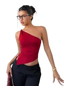 KATECLO Women’s One Shoulder Asymmetrical Top – Sleeveless Slim Fit Ruched Black Blouse for Casual, Office & Night Out