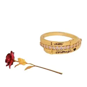 University Trendz Valentine's Day Gift Combo Set - Gold Plated Engraved I am enough Women Hug Ring with Artificial Red Rose