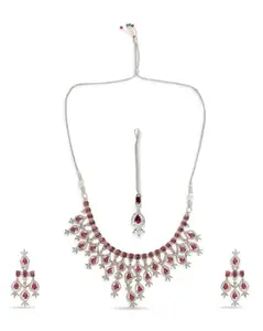 Fashion Empire Crystal Necklace Set with Earrings and Maang Tikka, Red Teardrop Design, Silver-Toned