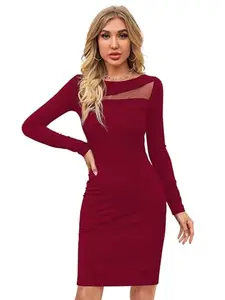PYOS Bodycon Round Neck Knee Length Full Sleeve One Piece Dress for Women Maroon (L)