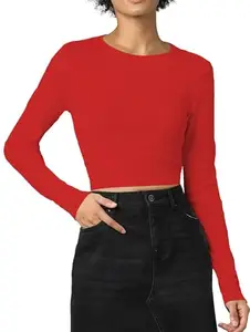 THE BLAZZE Women's Cotton Stretchable Round Neck Full | Long Sleeve | Western Casual Wear Crop Top for Women L342 1128 (L, RED)