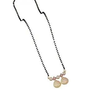 Traditional Gold-Plated Brass Mangalsutra, Double Pendant with CZ Stones and Ruby Accents