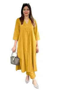 Jay Craft Women's Cotton Plain Coard set A-Line Straight Kurti With Pant