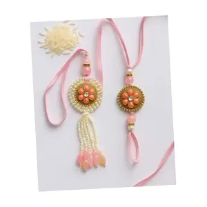 Rakhi Set for Brother and Bhabhi, Lumba Floral Rakhi Kundan Bracelet Rakhis for Bhaiya Bhabhi Raksha bandhan Couple Pearl Rakhis Set of 2 Gift